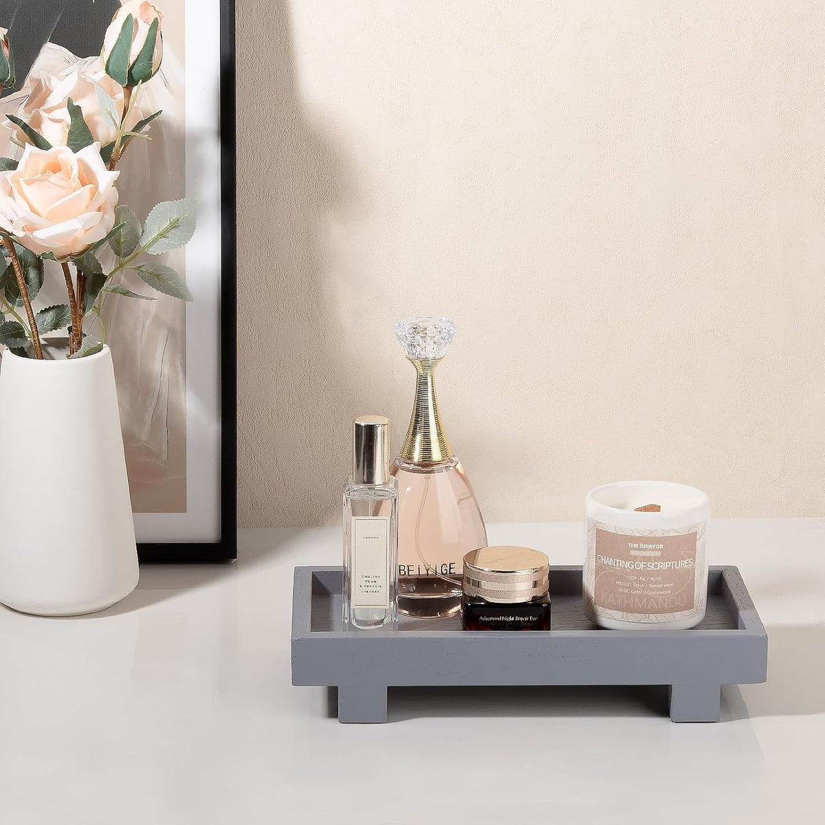 Bathroom Counter Tray Wooden Riser Display Kitchen Soap Holder, Gray