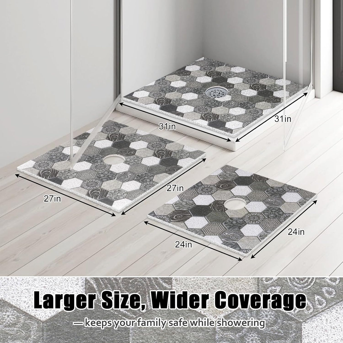 Square Shower Mat Non Slip: 31x31 Inch Extra Large Shower Floor Mat with Drain Hole in Middle - Soft PVC Loofah Bath Mat for Shower - Anti Slip Shower Stall Mat for Elderly and Kids