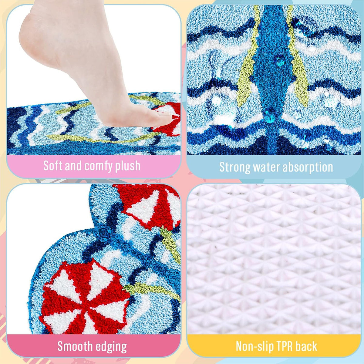 FYSUIMU Summer Bath Rug Flip Flop Shape Tufted Bath Mat Beach Ocean Wave Non Slip Floor Mat for Home Kitchen Bathroom Bedroom Porch Entryway