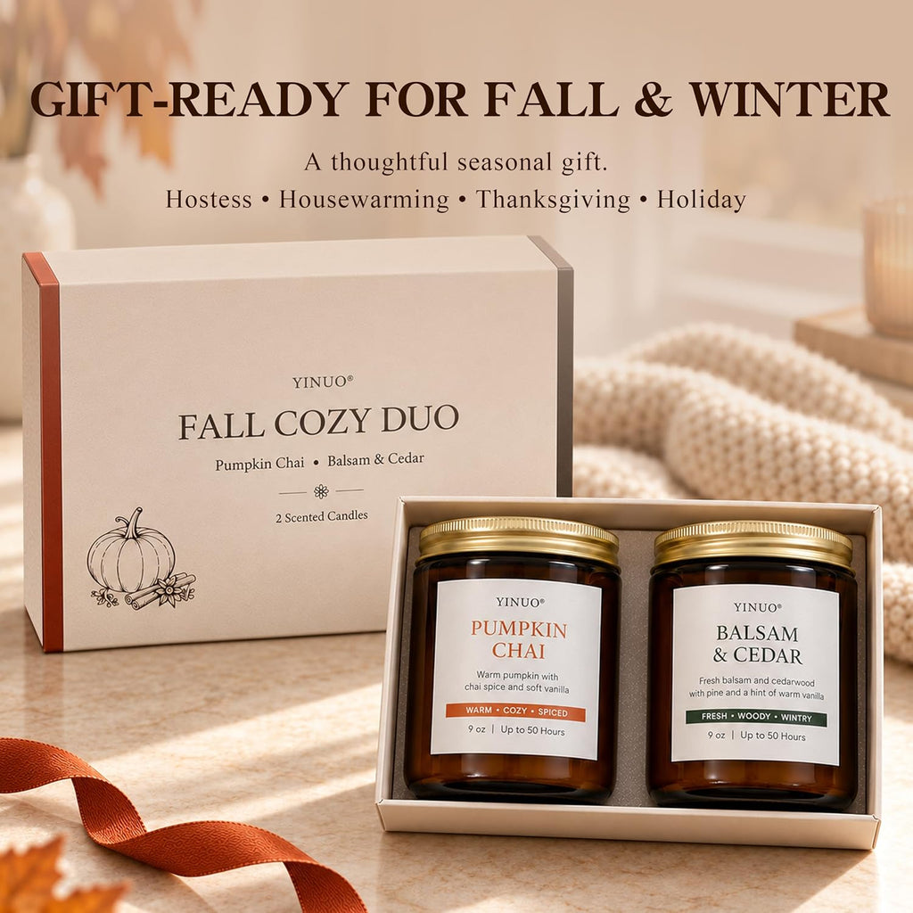 Fall Scented Candles Gift Set, 2 Pack 9oz, Pumpkin Chai & Balsam Cedar