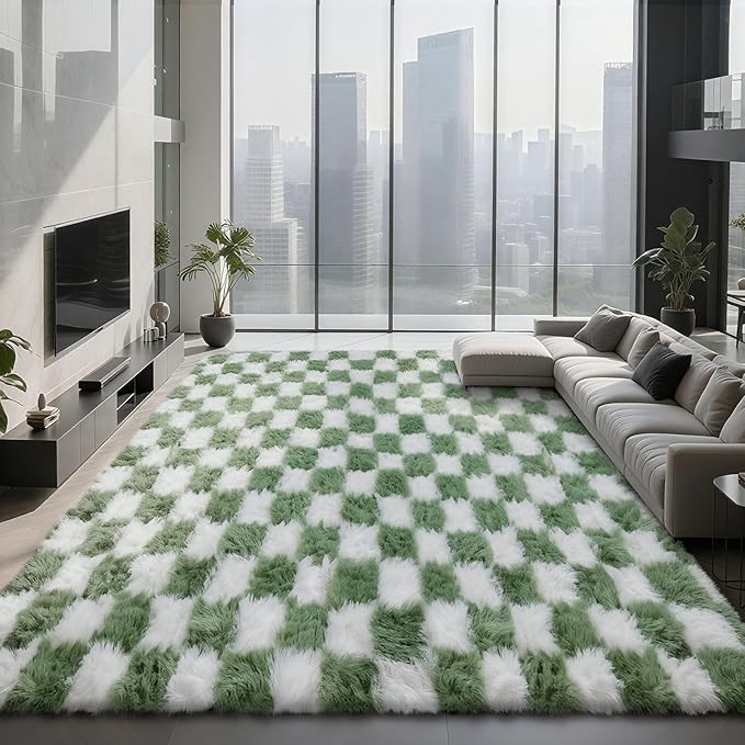 Large Area Rugs for Living Room Bedroom, 9x12 Green and White Fluffy Soft by Boshengya