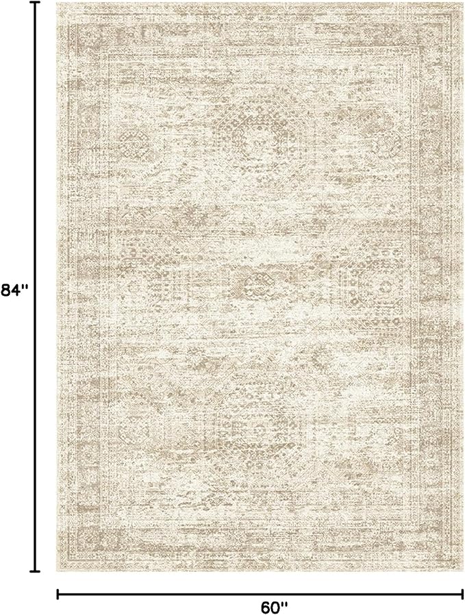 5x7 Area Rugs Beige Low Pile Indoor Washable Trendy Faded Style Rugs - Image 2
