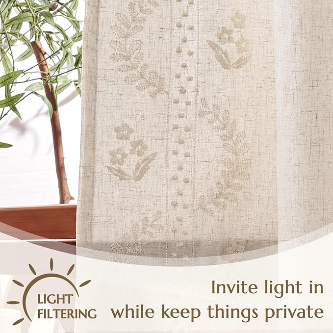 jinchan Belrose Lined Linen Blend Curtains Boho Floral Curtains - Image 5