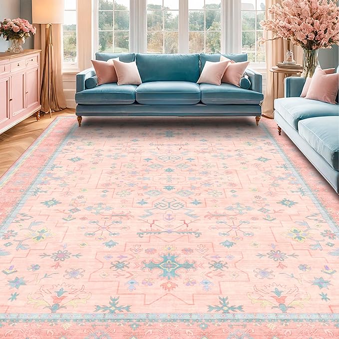 Washable Pink and Blue 7x9 Boho Rugs - Image 9