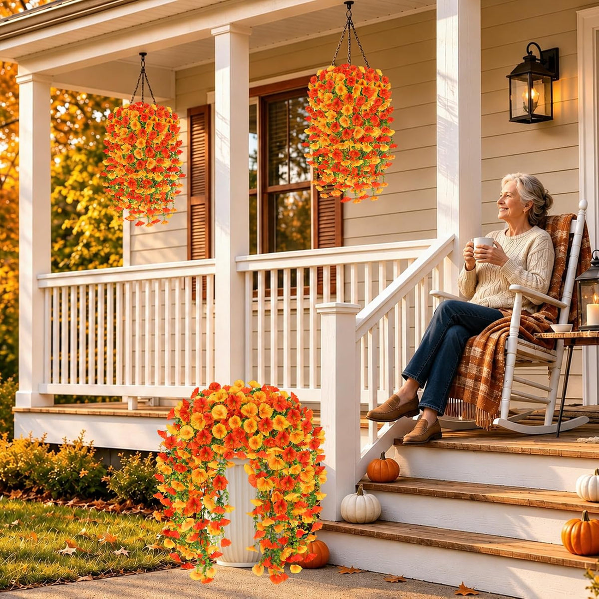 6Pcs Artificial Fall Hanging Flowers for Outdoors, Fake Autumn Plants