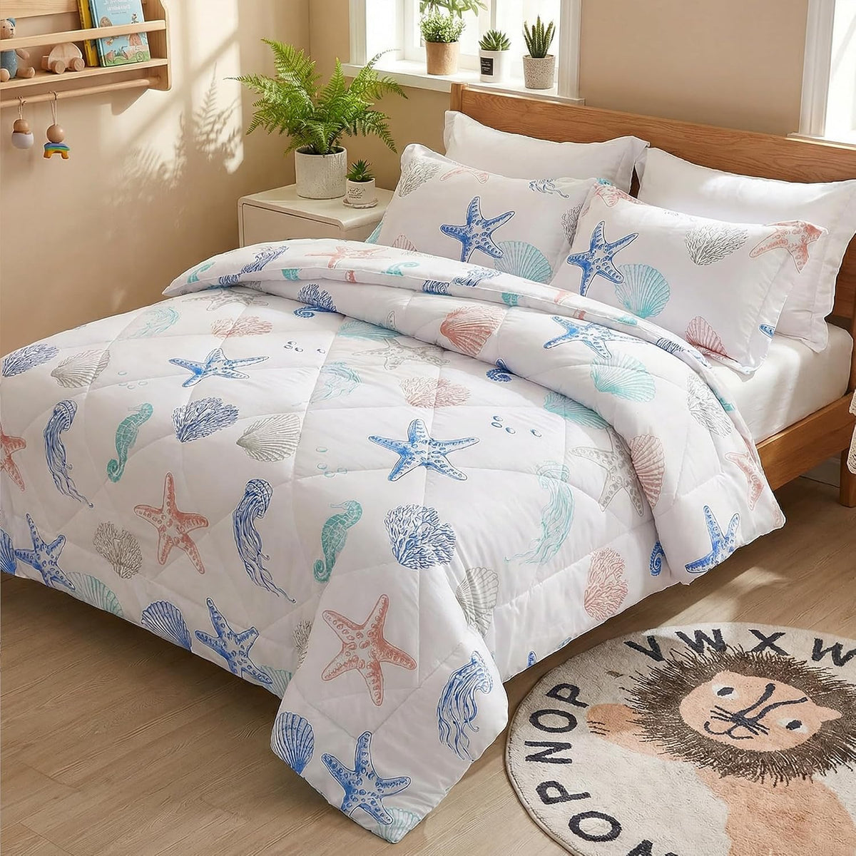 JSD Beach Theme Kids Comforter Set Twin Size, Jellyfish Starfish Shell Pattern