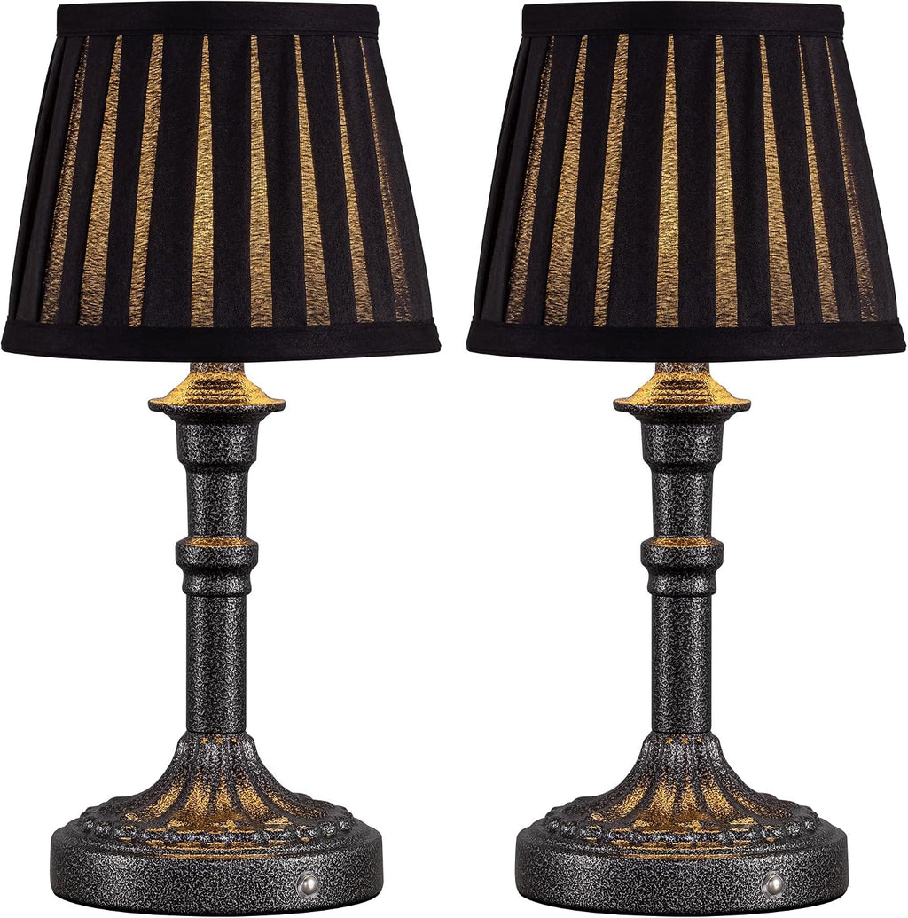KDG Mottled Silver Cordless Table Lamps Set of 2, Black Fabric Shade Light