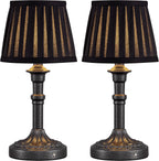 KDG Mottled Silver Cordless Table Lamps Set of 2, Black Fabric Shade Light