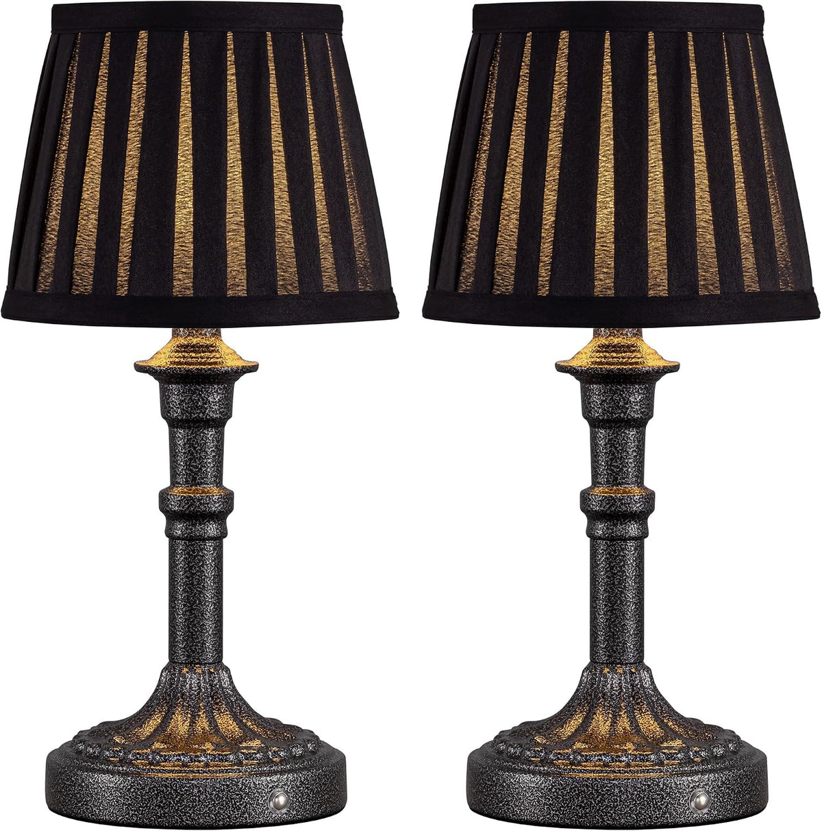 KDG Mottled Silver Cordless Table Lamps Set of 2, Black Fabric Shade Light