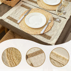 Boho Table Runner & 6-Piece Woven Placemats Set - Natural Cotton Burlap & Water Straw Combination, Bohemian Dining Decor for Kitchen & Parties