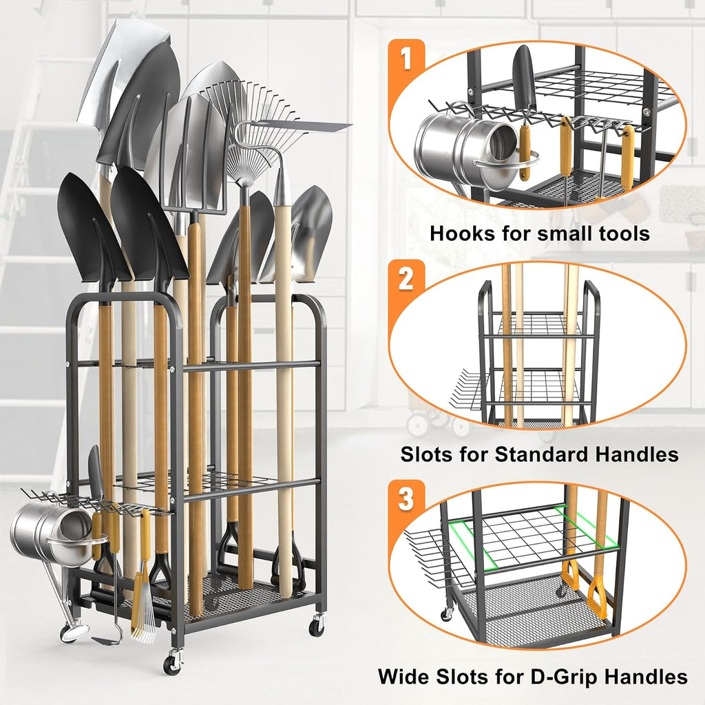 TORACK Garden Tool Organizer Stand with Wheels, Rakes Shovels Tools Stand
