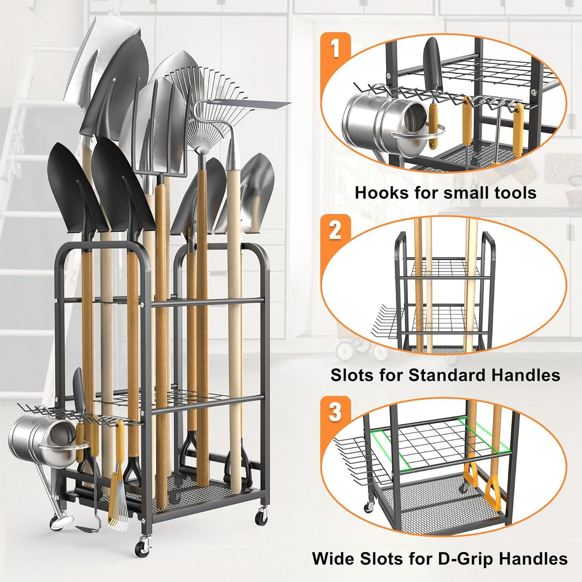 TORACK Garden Tool Organizer Stand with Wheels, Rakes Shovels Tools Stand