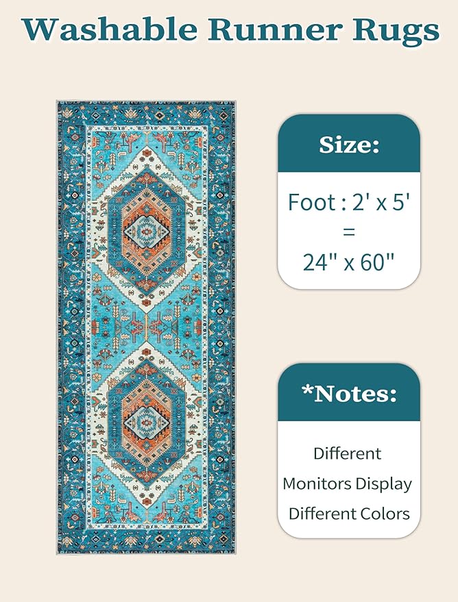 SERISSA Boho Washable Runner Rug, 2x5 Rug Runner Non-Slip Vintage Blue Hallway - Image 6