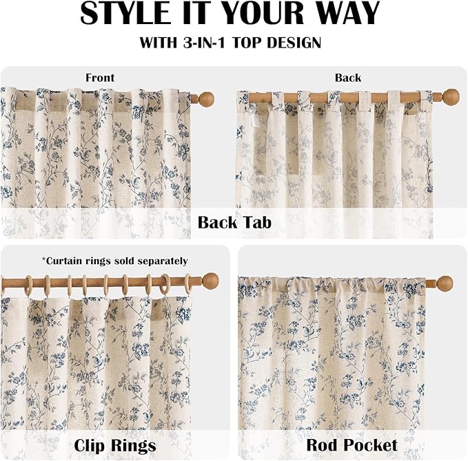 Lazzzy Farmhouse Linen Curtains Extra Long Blue Floral Curtains 108 Inch Long - Image 5