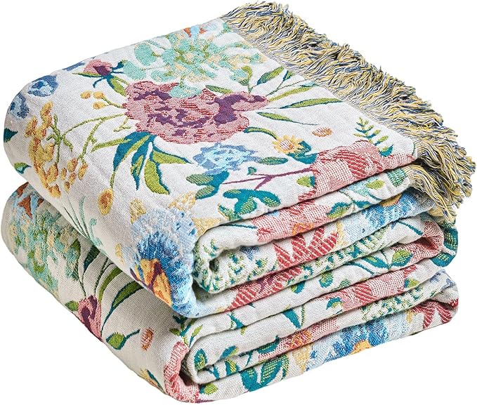 MSGKV Boho Throw Blanket 50"x60" Couch Floral 100% Cotton Blanket Spring by MSGKVHomeTextiles