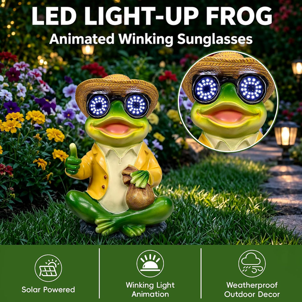 Solar Frog Statue with Blinking LED Eyes, Solar Powered Garden Decor