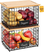 2-Pack Stackable Wire Baskets with 2 Pads & Bamboo Top, Pantry Organizer
