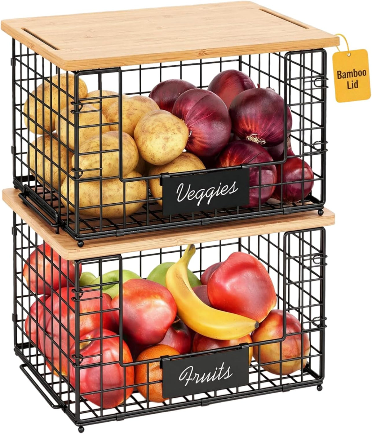 2-Pack Stackable Wire Baskets with 2 Pads & Bamboo Top, Pantry Organizer