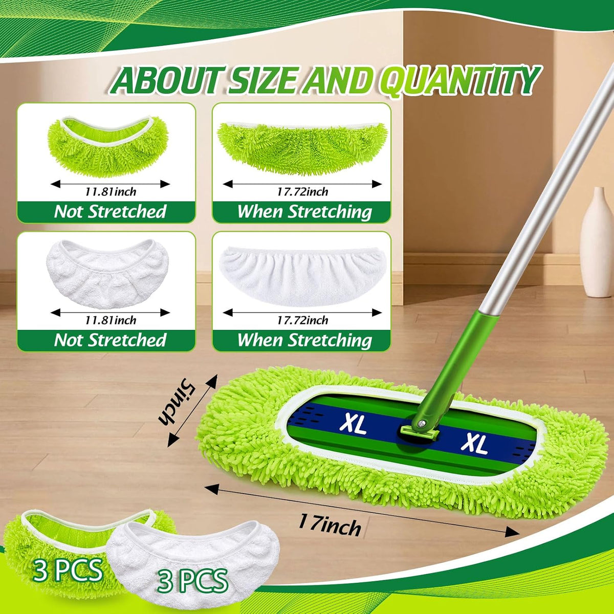 Toulite 6 Pcs Reusable Microfiber Mop Pads Compatible with XL, Green, White