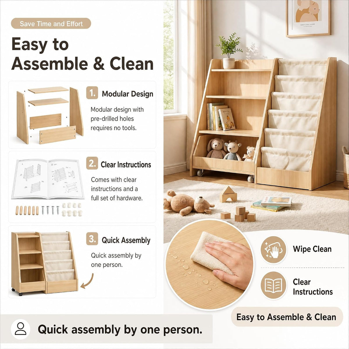 Kids Bookshelf and Toy Storage - Wooden Toddler Book Shelf with Drawer