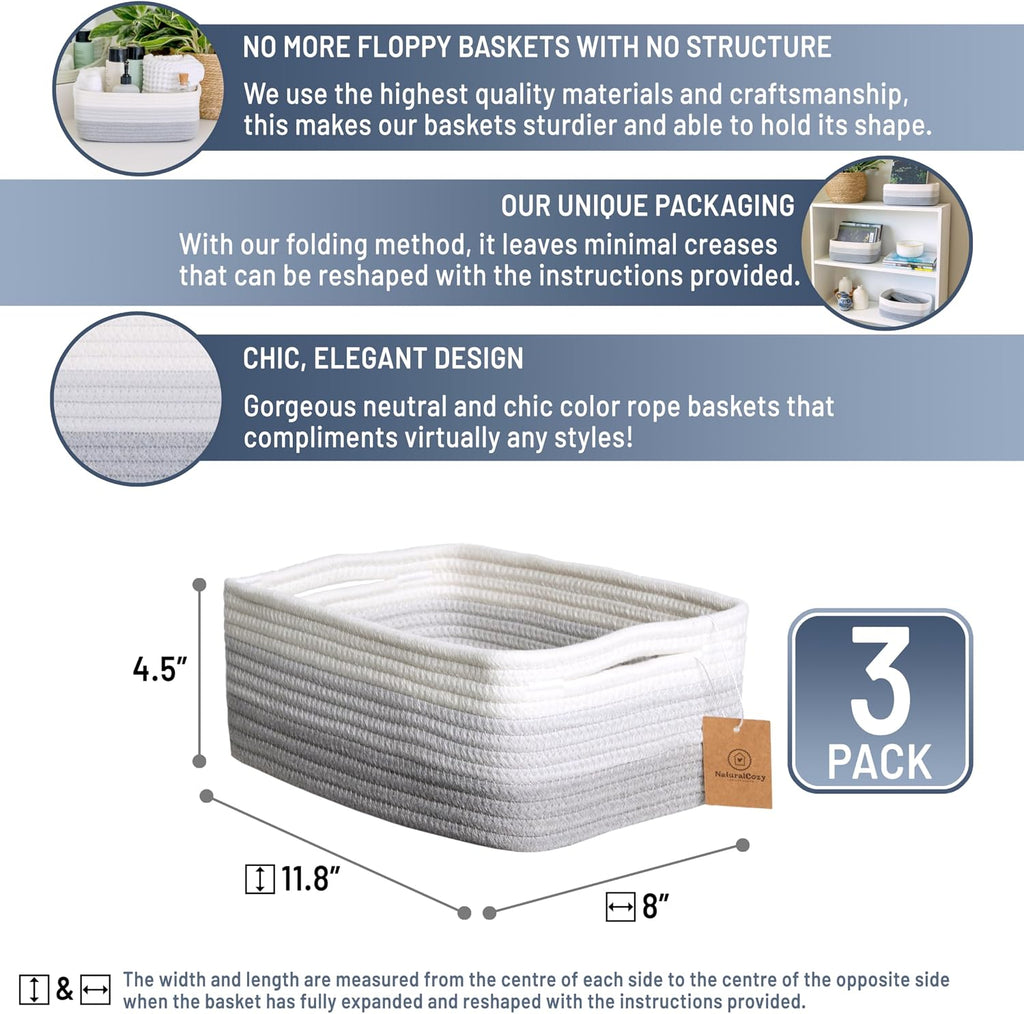 11.8"x8"x4.5” Rectangle Storage Baskets for Shelves 3 Pack | Cotton Rope Woven Small Baskets for Organizing | Small Storage Bins for Nursery, Bathroom, Closet, Shelf, Decorative, Gift