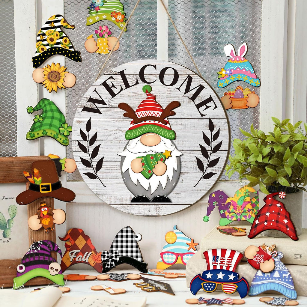 Qunclay Interchangeable Gnome Welcome Sign Seasonal Gnomes, 20, Gray