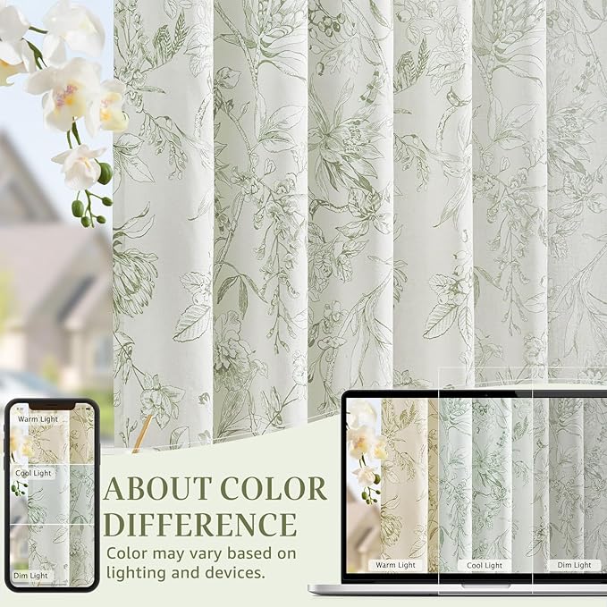 jinchan Floral Curtains 90 Inch Length Sage Green Flower Linen Farmhouse Curtain - Image 6