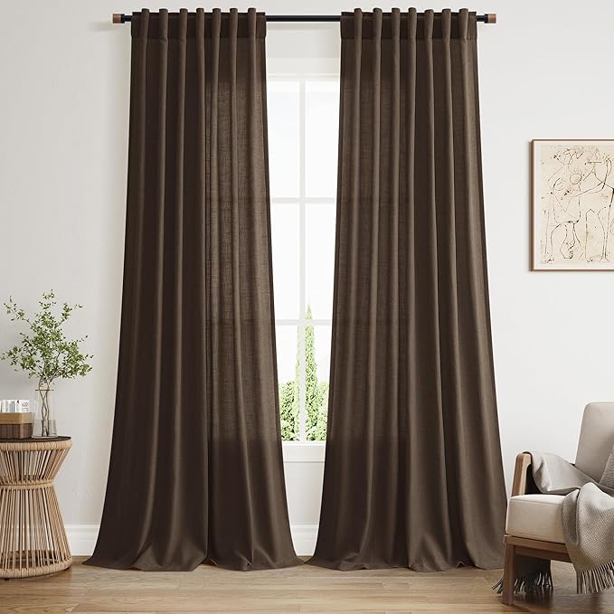 Extra Long Curtain Chocolate Morden Linen Blend Light Filtering Back Tab by Nanspring