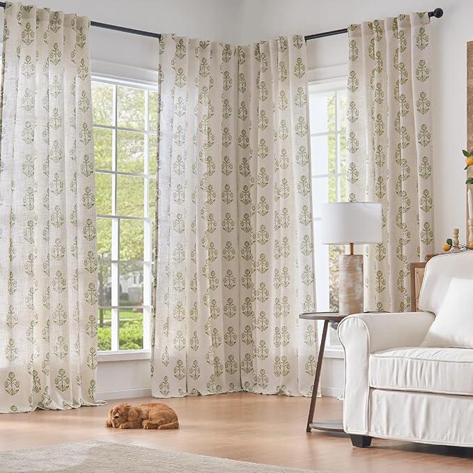 jinchan Linen Floral Curtains for Living Room 84 Inch Length Green Flower - Image 8