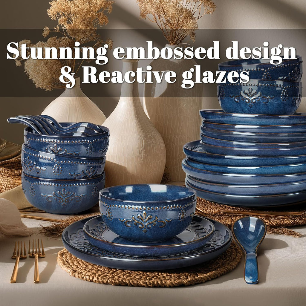 Artena 24-Piece Handcrafted Ceramic Dinnerware Set, Service for 6 – Reactive Glaze Embossed Plates, Bowls & Soup Spoons Included, Dishwasher & Microwave Safe, Blue, Damask Floral