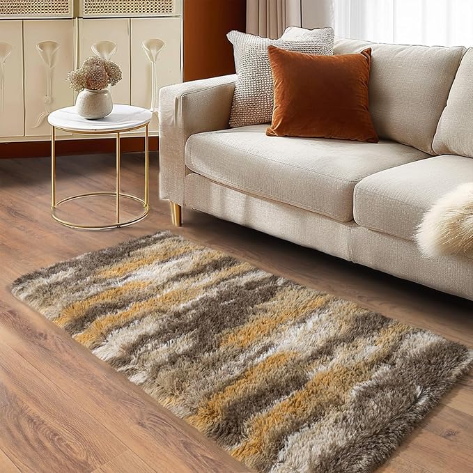 Soft Runner Rugs for Bedroom Hallways, 2x4 Abstract Brown Fluffy Shag Throw - Image 3