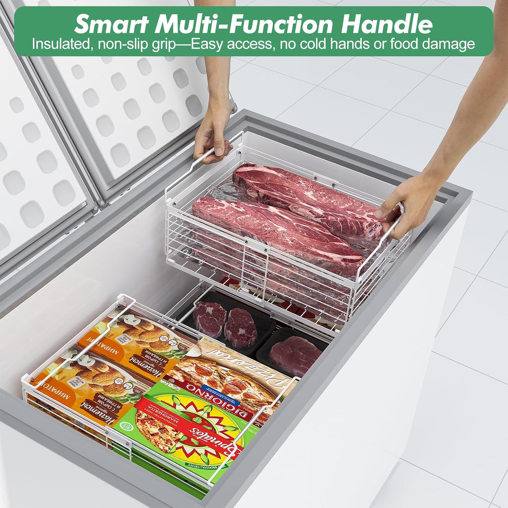 ADRIMER Freezer Organizer Bins, 4 Packs Foldable & Stackable Chest Freezer Organizer Bins with Adjustable Length 11-17.3", Metal Wire Storage Baskets for Upright Freezer, Deep Freezer, Pantry, White