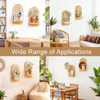 Rattan Wall Shelf Set of 2, 7'' Natural Floating Shelves Boho Decor, Rustic Wood Arched Rattan Wall Mounted Storage Shelves for Plant Figurines Display, Wicker Shelf for Living Room Nursery Bedroom