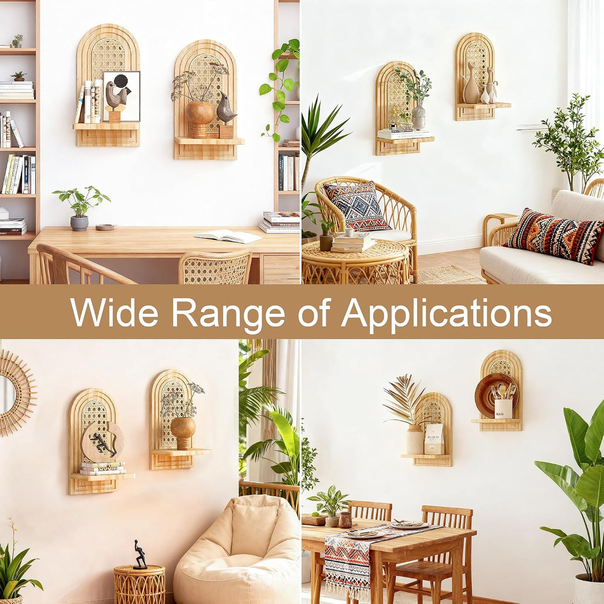 Rattan Wall Shelf Set of 2, 7'' Natural Floating Shelves Boho Decor, Rustic Wood Arched Rattan Wall Mounted Storage Shelves for Plant Figurines Display, Wicker Shelf for Living Room Nursery Bedroom