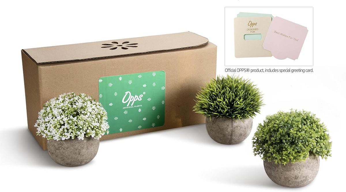 Opps Artificial Plastic Mini Plants Unique Fake Fresh Green Grass Flower in Gray Pot for Home Décor – Set of 3