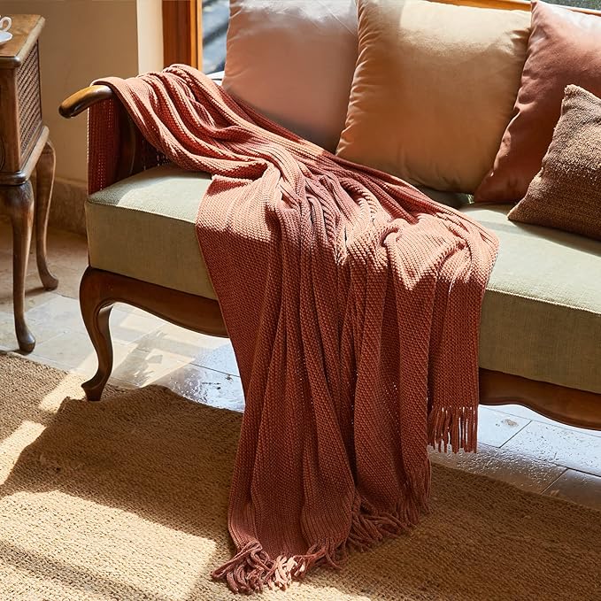 lifein Throw Blanket for Couch, Soft Boho Bed Throw, Cozy Burnt Orange Chenille - Image 7