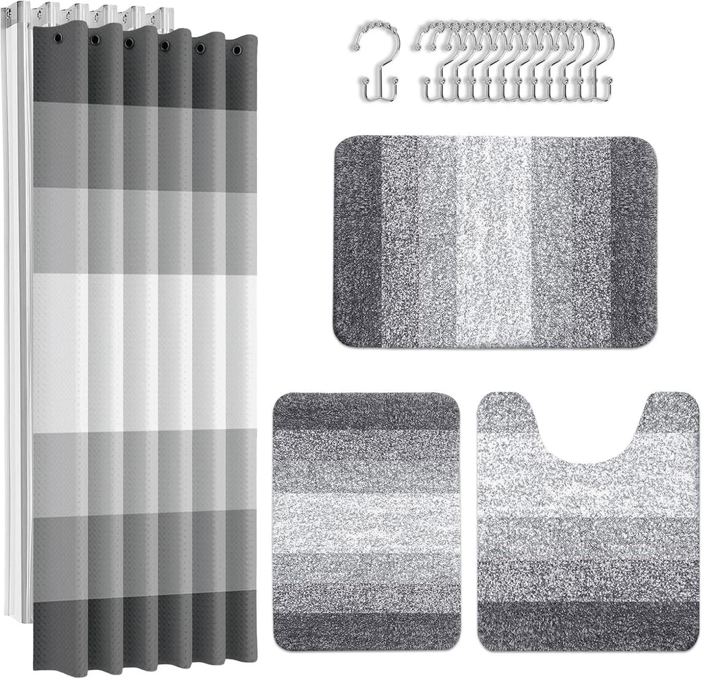 Bathroom Sets with Shower Curtain and Rugs Set of 4 Grey Striped
