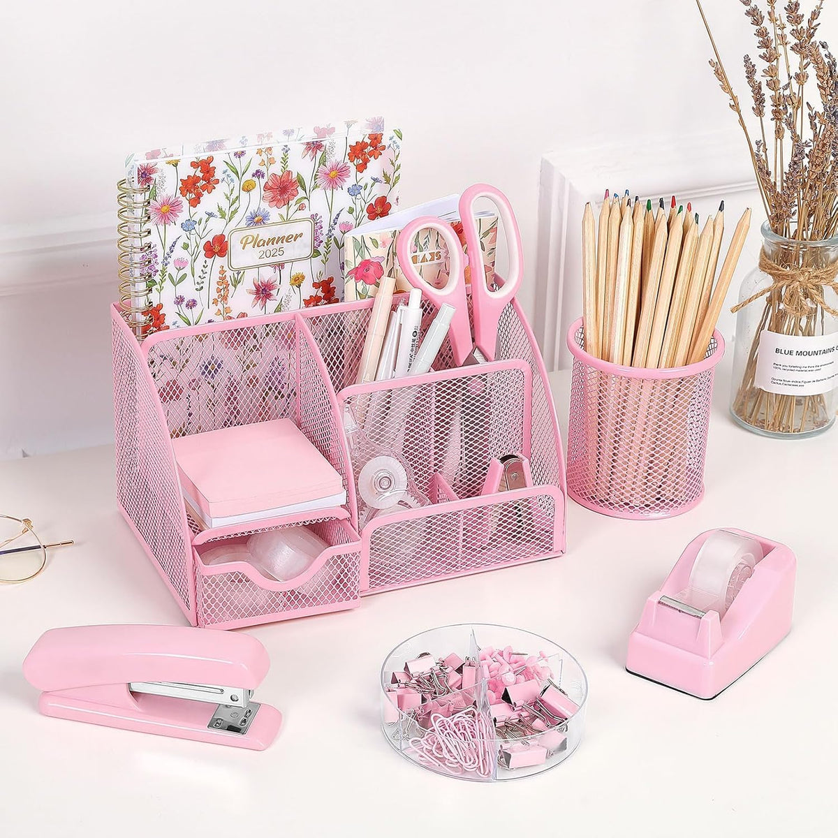 SKYDUE 10 Pcs Pink Desk Accessories, Pink Office Supplies Set