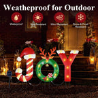 Solar Christmas Lights Outdoor, Metal Joy Reindeer Christmas Wreath Yard Sign Garden Stakes Xmas Holiday Decor for Pathway Patio Lawn Outside