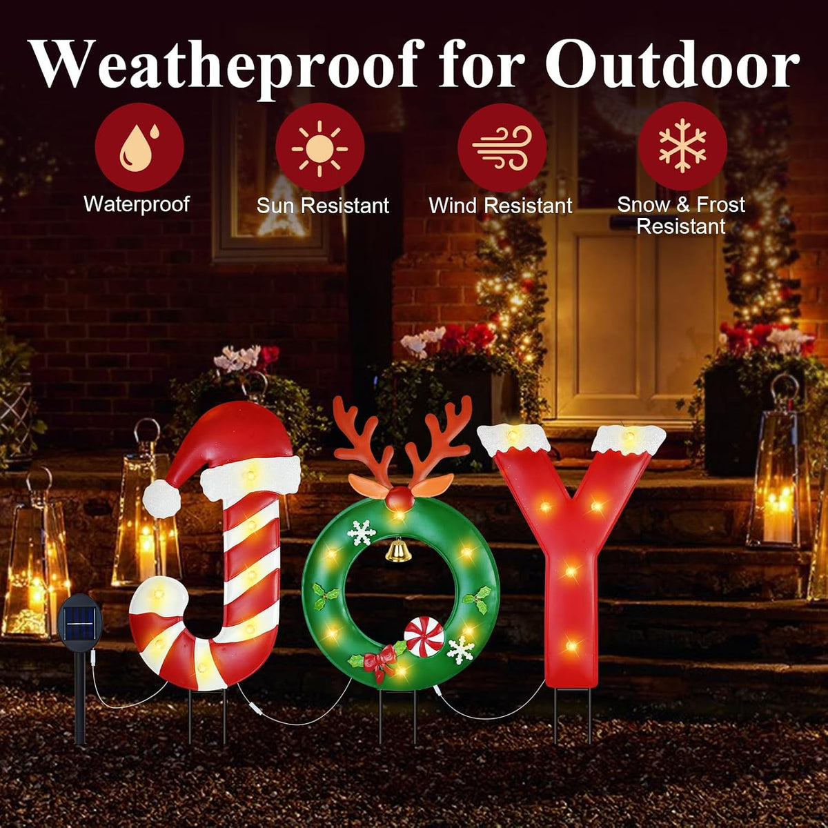 Solar Christmas Lights Outdoor, Metal Joy Reindeer Christmas Wreath Yard Sign Garden Stakes Xmas Holiday Decor for Pathway Patio Lawn Outside