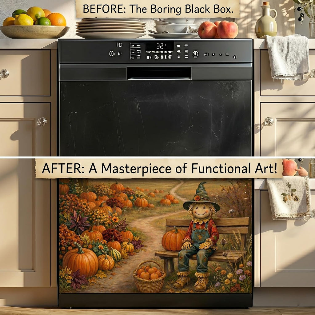 Thanksgiving Dishwasher Magnet Cover 23 x 25.5 Inch, Fall Farm Scarecrow Dishwasher Magnetic Cover, PVC Dishwasher Decorative Magnet for Kitchen Decor