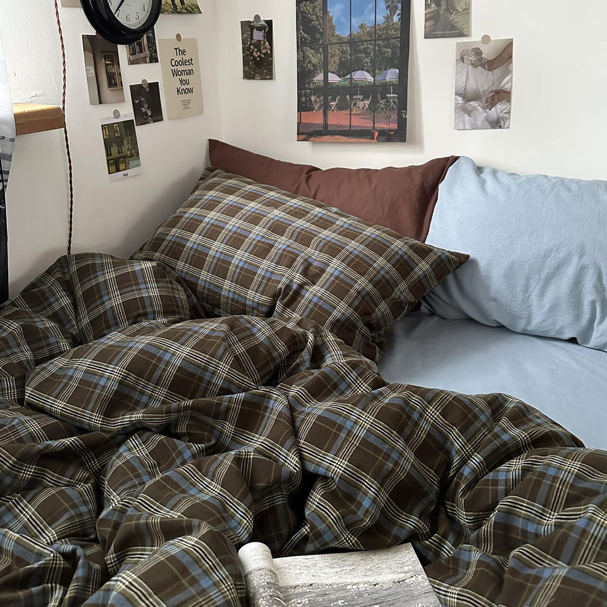 MKXI Full Size Blue, Brown & Green Buffalo Plaid Duvet Cover Set - 3 Piece Vintage Aesthetic Bedding Set, 100% Washed Cotton, Minimalist Design, Soft & Breathable Duvet Cover with Zipper Closure