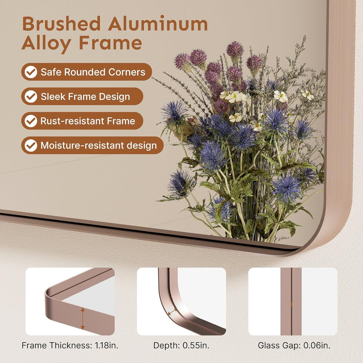 Kosmonia 20x16 Inch Bathroom Vanity Mirror Brushed Rose Gold