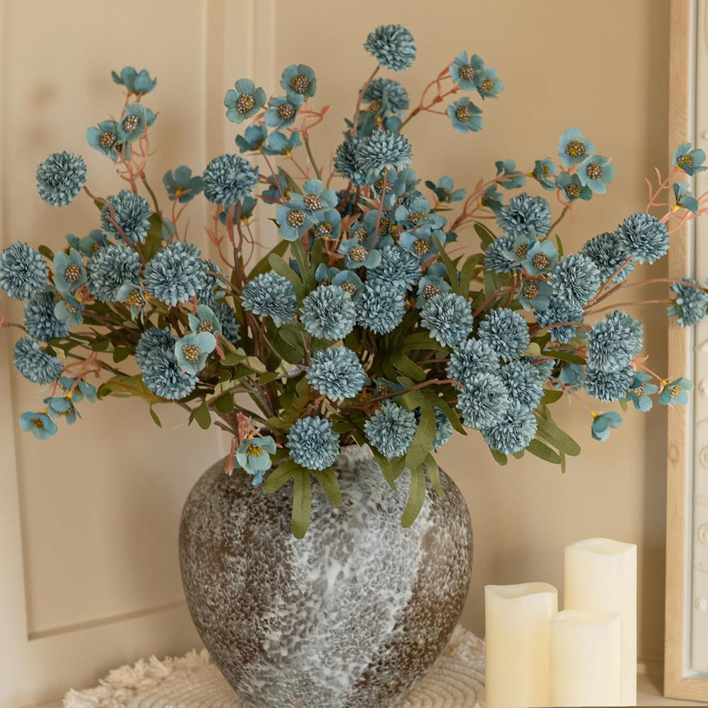 8 Pcs Fake Mums Kiku Flowers Artificial with Wild Flowers Bulk, Blue Silk Flower Arrangements Decor Floral Centerpieces For Tables Artificial Fall Flowers for Vase DIY Bouquet Coffee Dining Home