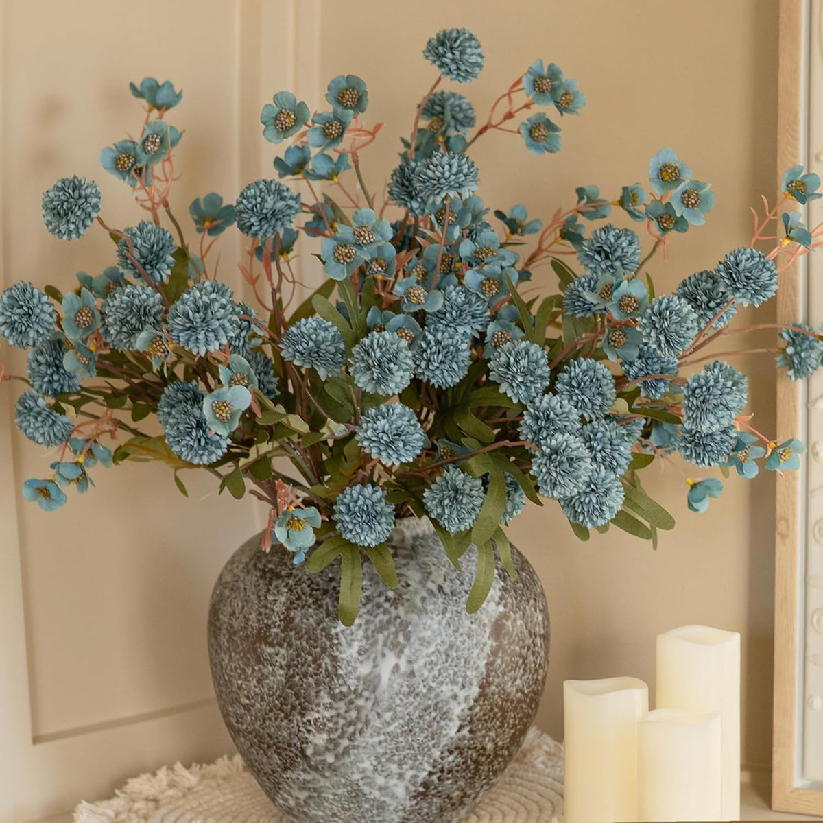 8 Pcs Fake Mums Kiku Flowers Artificial with Wild Flowers Bulk, Blue Silk Flower Arrangements Decor Floral Centerpieces For Tables Artificial Fall Flowers for Vase DIY Bouquet Coffee Dining Home