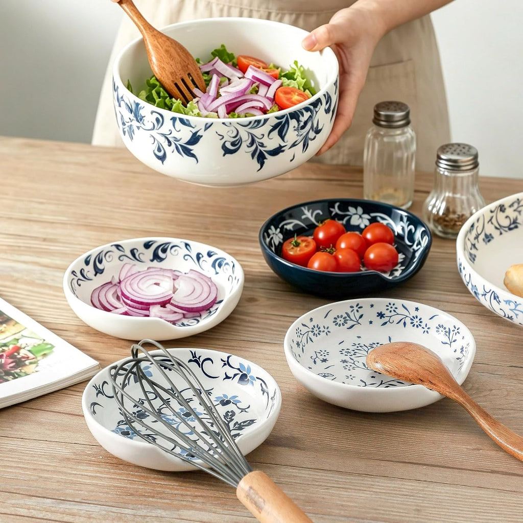 Spoon Rest Ceramic, 4.8 Inch Spoon Holder and Utensil rest for Stovetop, Vintage Spoon Rest Set of 4 for Spatula, Ladle, Kitchen Gadget Cooking Gift, Blue and White Floral Pattern, Kitchen Decor