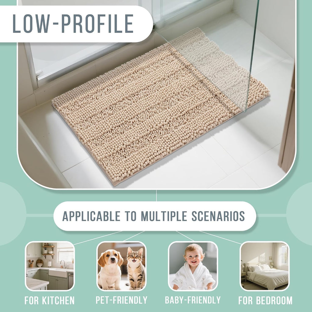 Yimobra Bathroom Rug Mat, Non Slip and Super Absorbent Bath Mat, Machine Washable Quick Dry, Ultra Plush Chenille Shower Rugs for Bathroom Floor Sink Tub and Shower Outside, Beige, 24 x 17