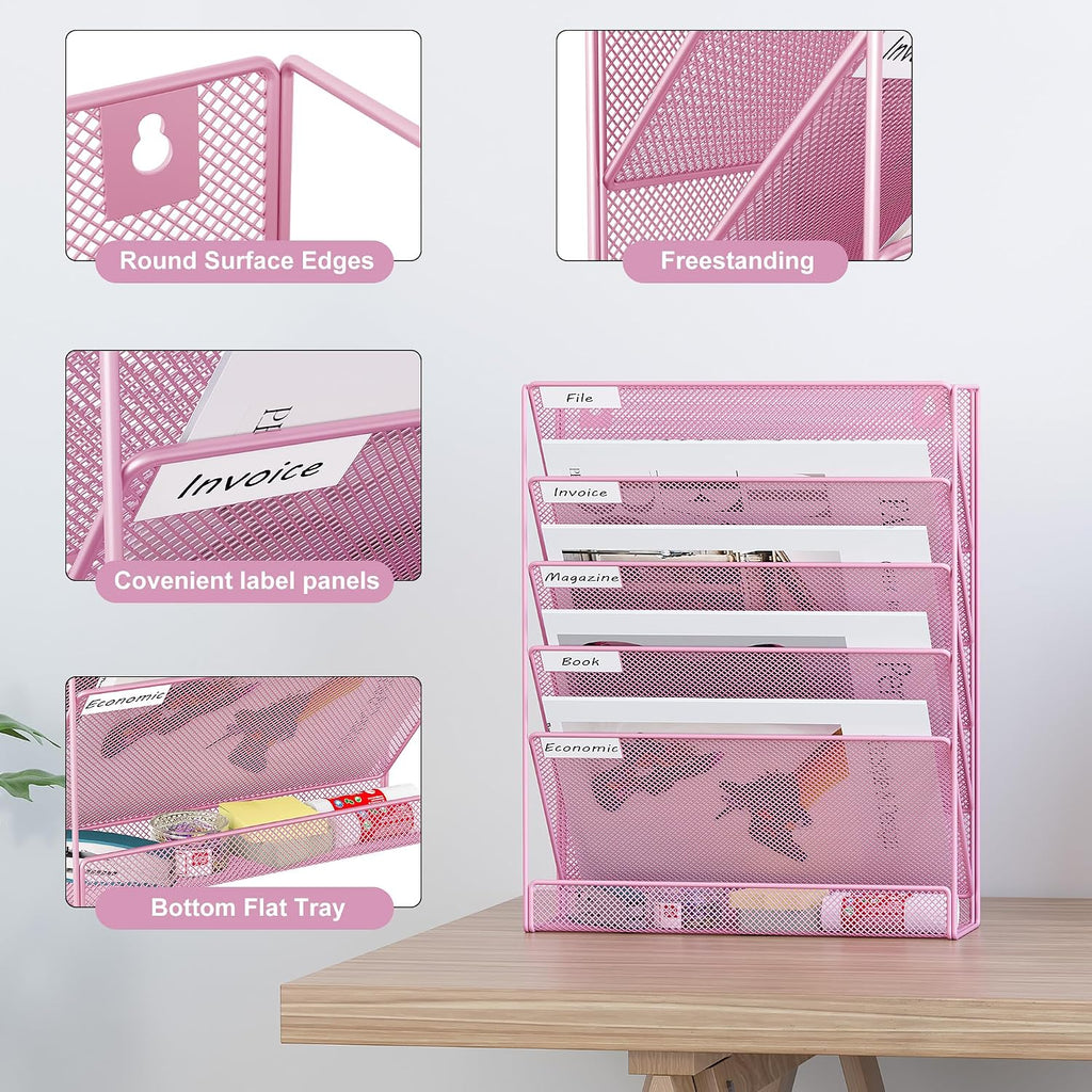 EasyPAG 5 Tier Wall File Holder, Mesh Hanging Folder Organizer with Classify Label, Versatile Desk File Holder, Vertical Wall Mounted Mail Organizer for Office Home Cubicle, Pink