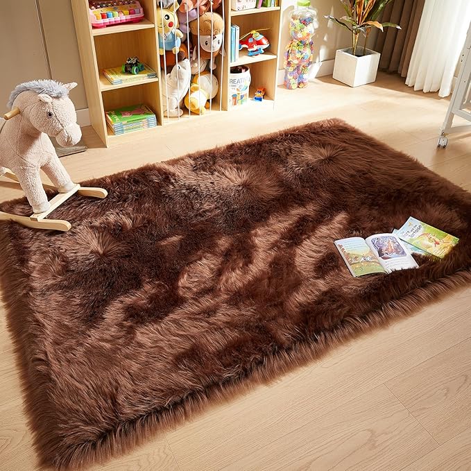 AMTOVO Faux Fur Sheepskin Rug for Living Room, 4 x 6 ft Coffee Fluffy Area Rug - Image 3