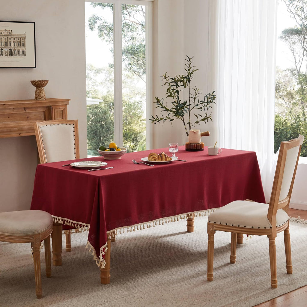 Tassel Linen Rectangular Table Cloth, Burgundy 60x120 Inch